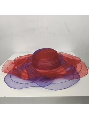 Red Purple Sheer Wide Brim Hat Layered Organza Derby